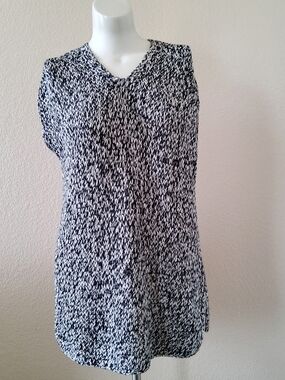 Eileen Fisher Marled Organic Cotton Knit V-Neck Tunic Sweater Black White L / XL